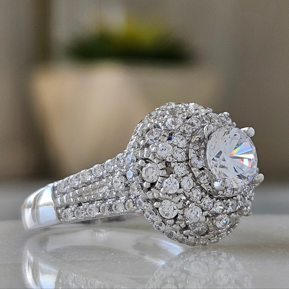 Vintage Style Victorian Double Halo Ring,  925 Sterling Silver - Picture 4 of 9